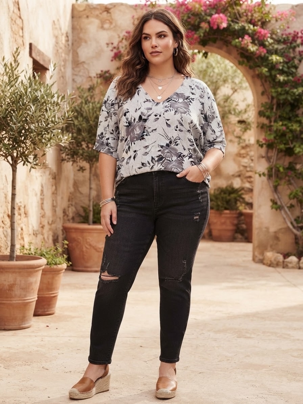 Premise Gray Floral V-Neck Long Sleeve Top